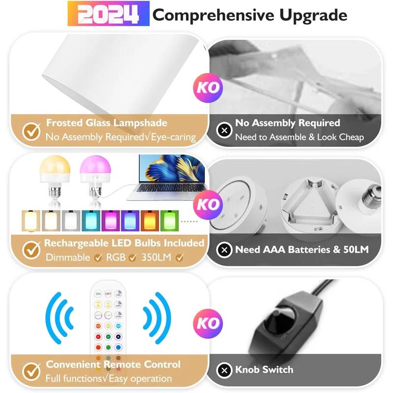 Latitude Run® Battery Operated Wall Sconce Set Of 2, Wireless Rechargeable Wall Lights, Glass Wall Lamps With Remotes And Dimmable RGB LED Bulbs, No Wiring Indoor Sconces Wall Decor For Bedroom Living Room Hallway