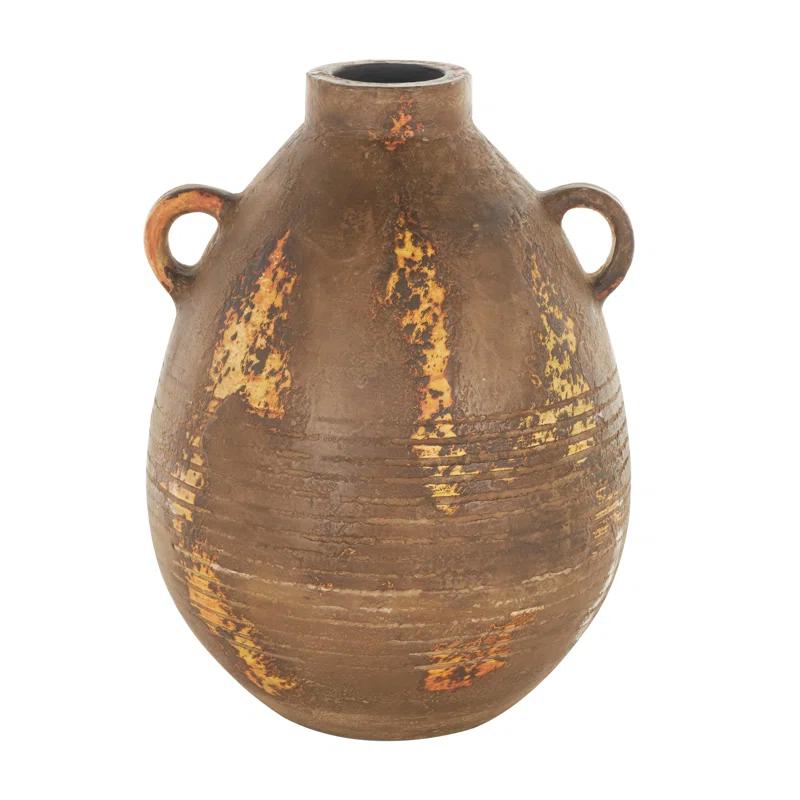 Birch Lane™ Anelis Ceramic Antique Style Distressed Decorative Brown Vase with Grooves and Handles | Birch Lane
