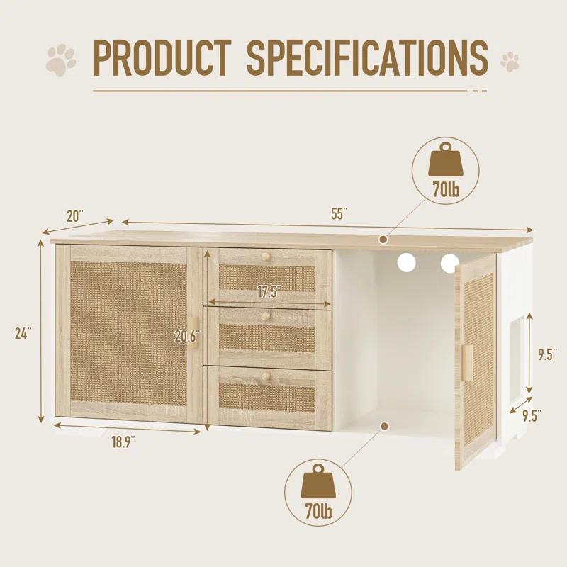 Tucker Murphy Pet™ Cat Litter Box Enclosure Indoor Wood Cat Furniture Cabinet With Scratching Pad Doors And 3 Drawer, 55”X20”X24”H