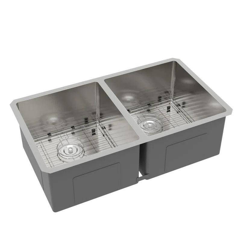 DeerValley 33'' L Undermount 50/50 Double Bowl Stainless Steel Kitchen Sink with Basket Strainers and Stainless Steel Grids