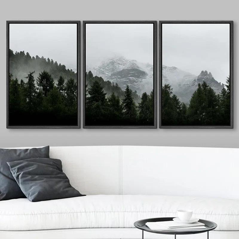 IDEA4WALL Misty Forest Landscape Mountain With Fog Natural Framed Canvas 3 Pieces Photograph Print Wall Art