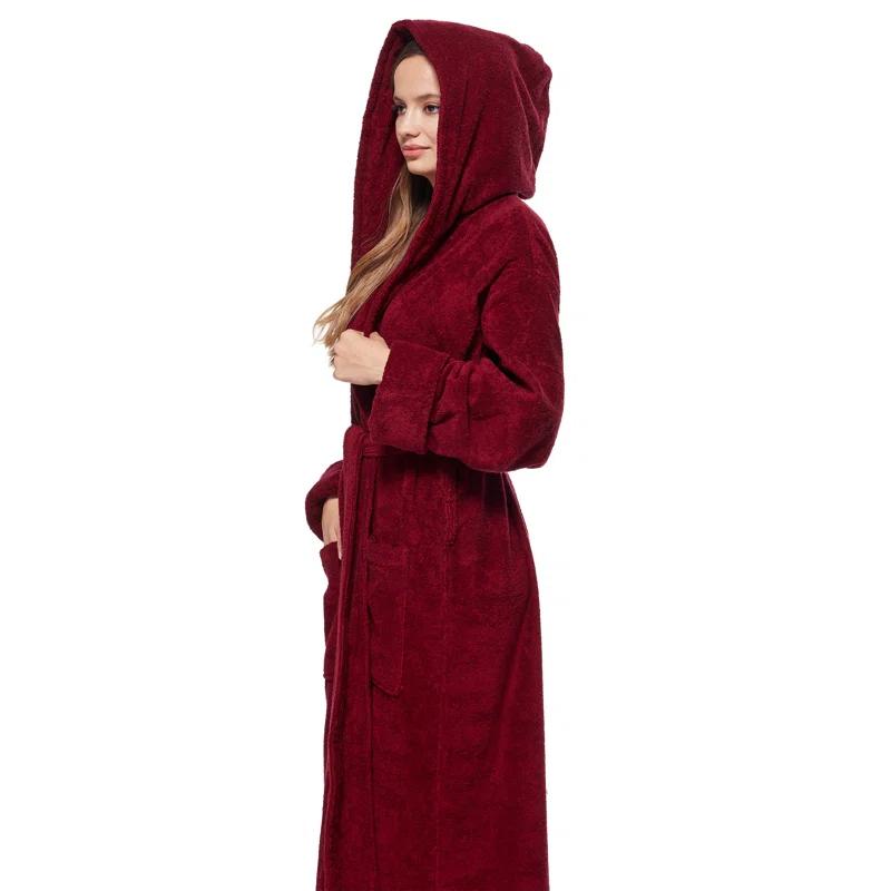 Red Barrel Studio® Hovis Cotton Terry Cloth Ankle Bathrobe with Pockets and Hood