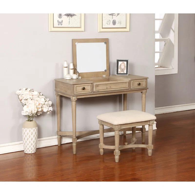 Kelly Clarkson Home June Natural Two Drawer Flip Top Vanity Set with Stool