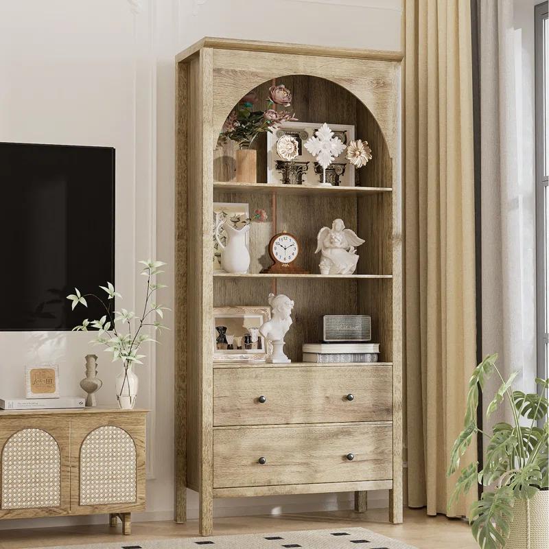 Gracie Oaks Arched Bookcase, Oak Arched Cabinet With Drawers, 71" Tall China Curio Cabinet, Display Cases For Collectibles, Vintage Bookshelf