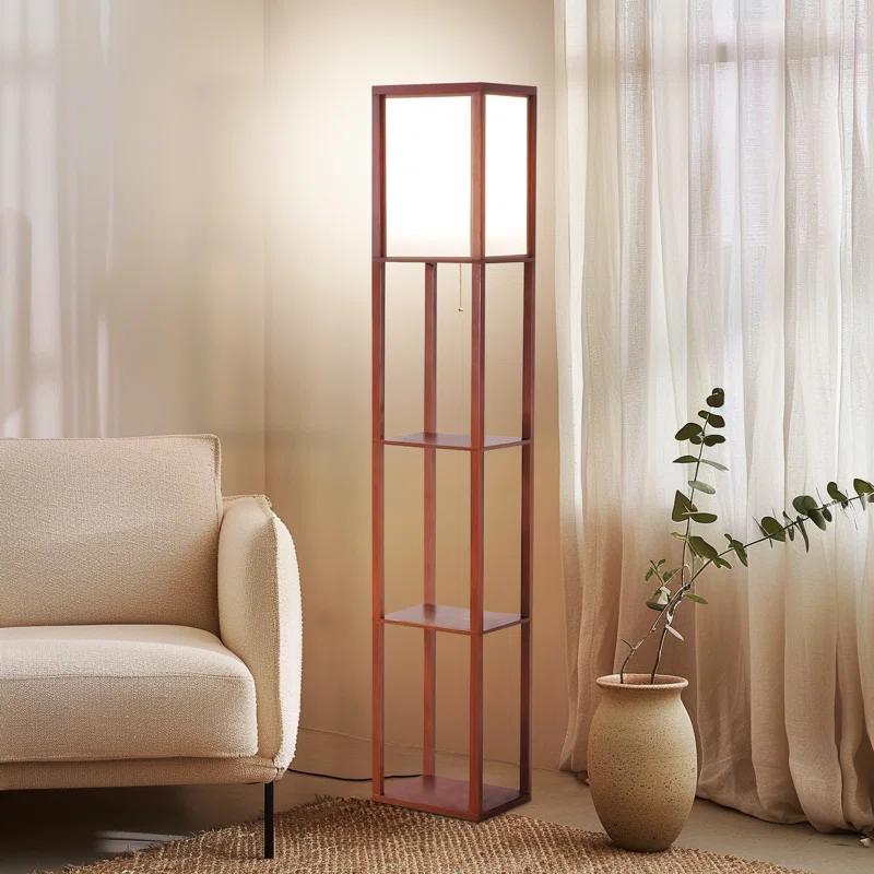Brightech Maxwell 63" Modern LED Shelf Floor Lamp with Walnut Brown Finish, 3 Tiers, and Fabric Square Shade, Bulb Included