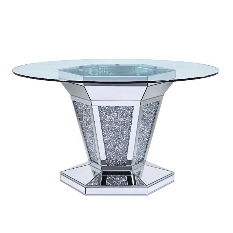Everly Quinn Choi Round Glass Top Metal Base Dining Table