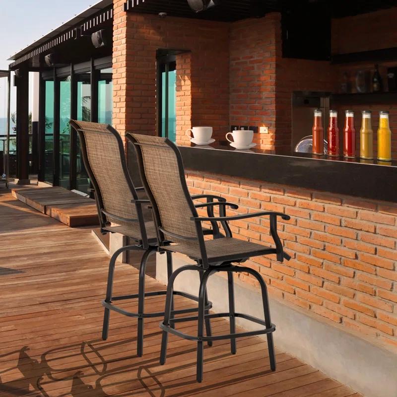 Canora Grey Outsunny Set of 2 Outdoor Swivel Bar Stools with Armrests, Bar Height Patio Chairs with Steel Frame , Brown