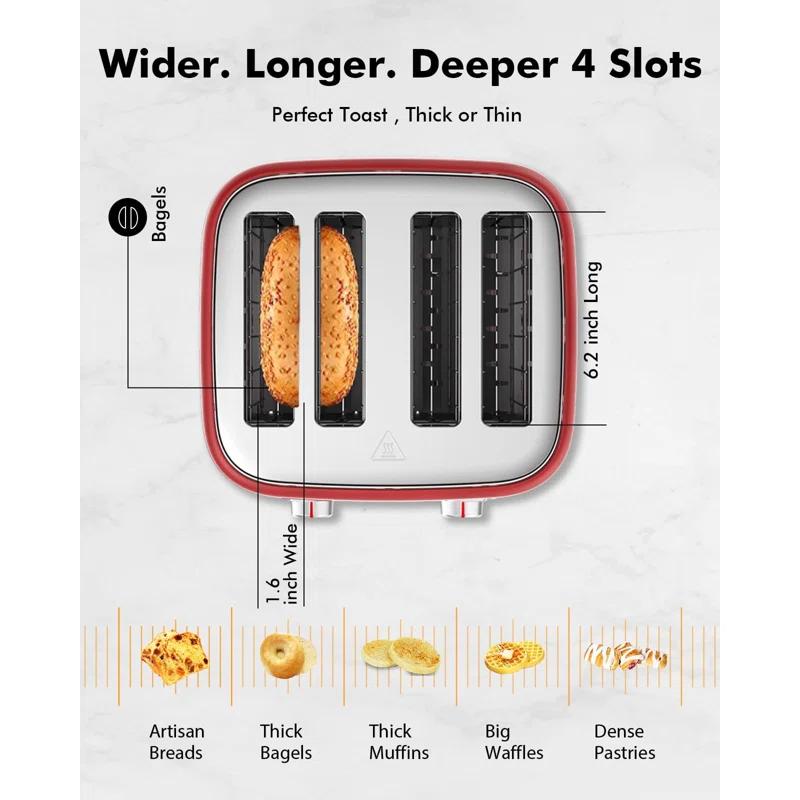 LONGDEEM 4 Slice Toaster, Extra Wide Slots, Longdeem Retro Stainless Steel Toasters, 6 Browning Options, Auto Shut Off & Frozen Function, Toast Fruit Bread, Bagel & Waffle