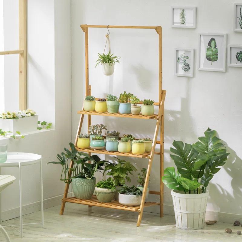 Bamboo 3 Tier Plant Stand Triangular Flower Pot Holder With Hanging Basket
