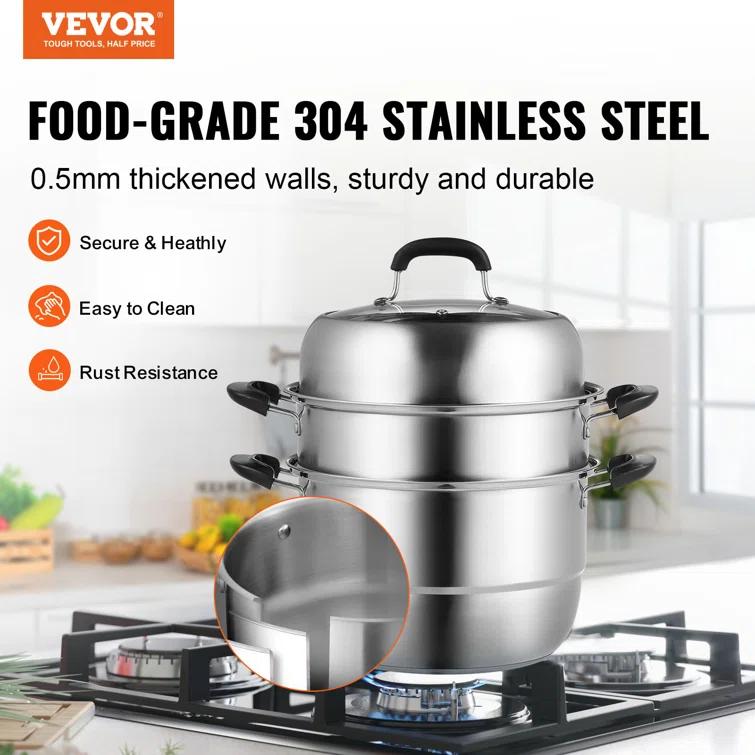 Stellweilan Tessberg Steamer Pot 11in/28cm, 3 Tier Steamer Pot for Cooking with 8.5QT Stock Pot, Vegetable Steamer & 2 Steaming Tray, Food-Grade 304 Stainless Steel Food Steamer Cookware for Gas Electric Stove Grill