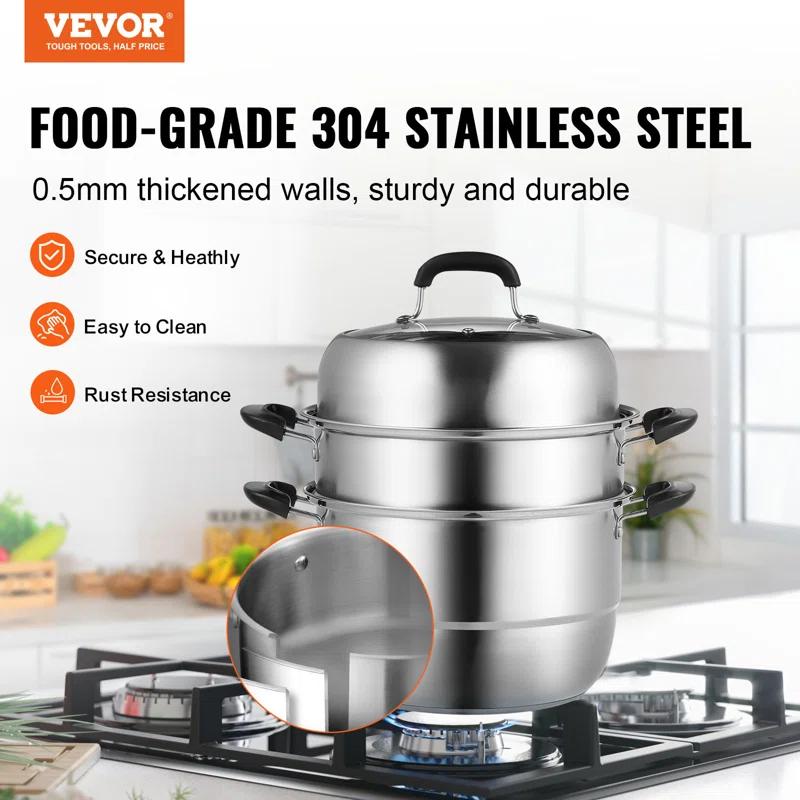 Stellweilan Tessberg Steamer Pot 11in/28cm, 3 Tier Steamer Pot for Cooking with 8.5QT Stock Pot, Vegetable Steamer & 2 Steaming Tray, Food-Grade 304 Stainless Steel Food Steamer Cookware for Gas Electric Stove Grill