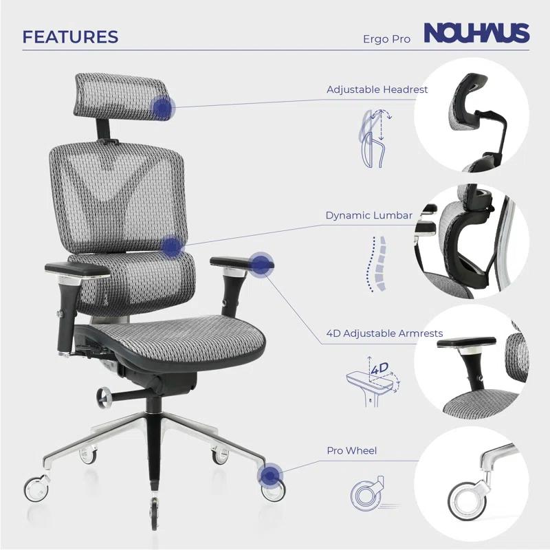 Nouhaus Inc Nouhaus Ergonomic Office Chair Lumbar Support Aluminum Alloy Backrest, Big and Tall Mesh Computer Desk Chair with Adjustable Headrest, 4D Armrest and Premium Wheels