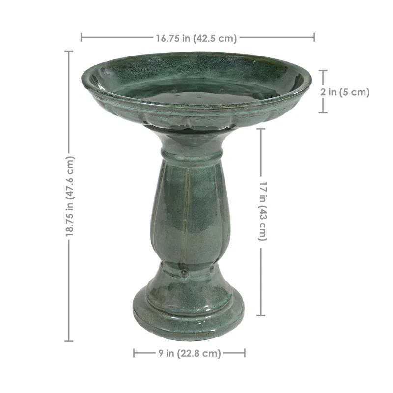 Lark Manor™ Aubriela Freestanding Ceramic Outdoor Bird Bath, UV-Resistant Green Mist Finish