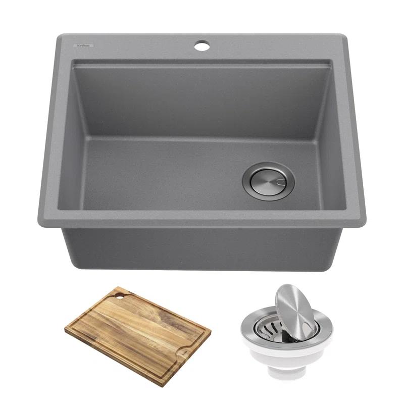 Kraus KGTW12-25MGR KRAUS Bellucci Granite Composite Workstation Drop-In Top Mount Single Bowl Kitchen Sink with Accessories