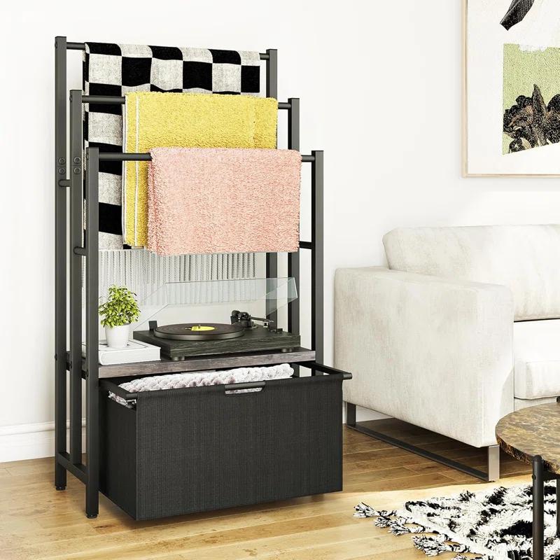Freestanding Towel Rack With Drawers, SDXYSTCE 3 Tiers Standing Blanket Racks For Bedroom, 23.6" L X 11.8" W X 43.3" H, Blanket Holder With Shelf, Upgrade Steady Design,