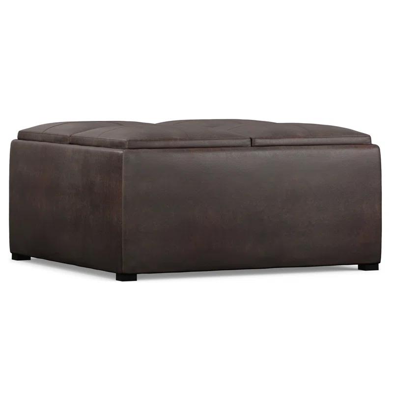 Simpli Home Avalon 35"W Upholstered Square Coffee Table Storage Ottoman with Flip-Over Trays