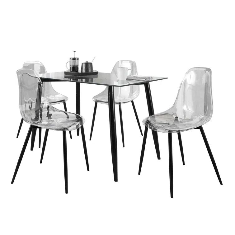LumiSource Clara Mid-Century Modern Dining Set In Walnut Metal, Clear Glass Tabletop And Clear Acrylic - 5 Piece