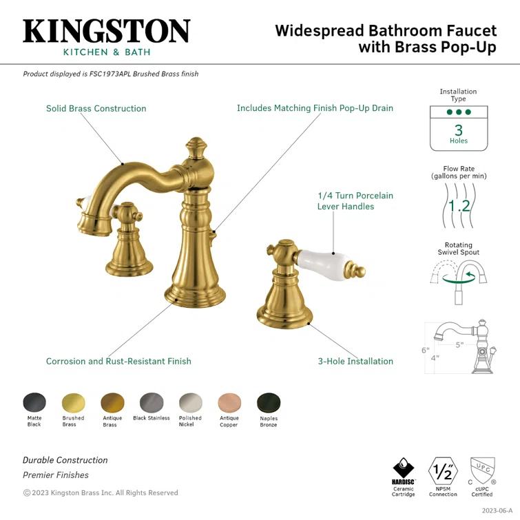 Kingston Brass American Patriot Two-Handle 3-Hole Deck Mount Widespread Bathroom Faucet with Pop-Up Drain
