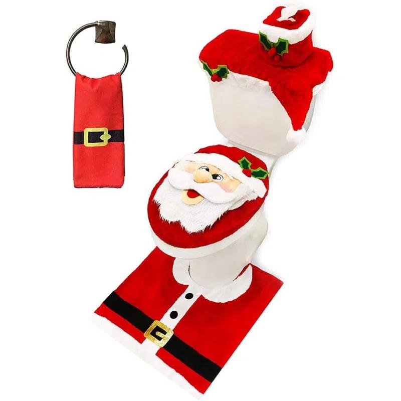 The Holiday Aisle® 5 Pieces Christmas Theme Bathroom Decoration Set W/Toilet Seat Cover, Rugs, Tank Cover, Toilet Paper Box Cover And Santa Towel For Xmas Indoor Décor, Party Favors (Santa)