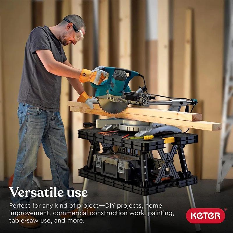 Keter Folding Portable Workbench Sawhorse with (2) 12" Clamps, Black and Yellow