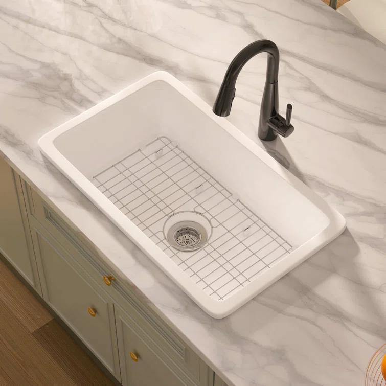Eridanus Oslo 30" x 18" White Single Bowl Fireclay Undermount Kitchen Sink with Basket Strainer and Bottom Grid ERI-DS-164