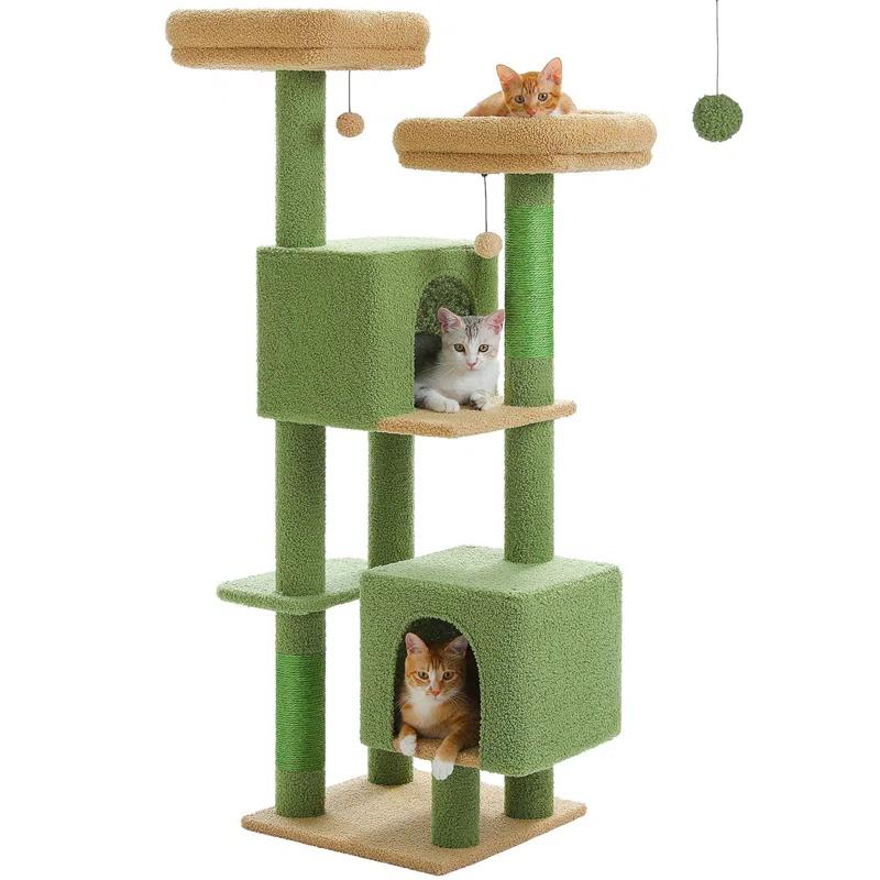 52.4" Cute Cat Tree Tower With 2 Flower Padded Perches, 2 Condos & 2 Scratching Posts