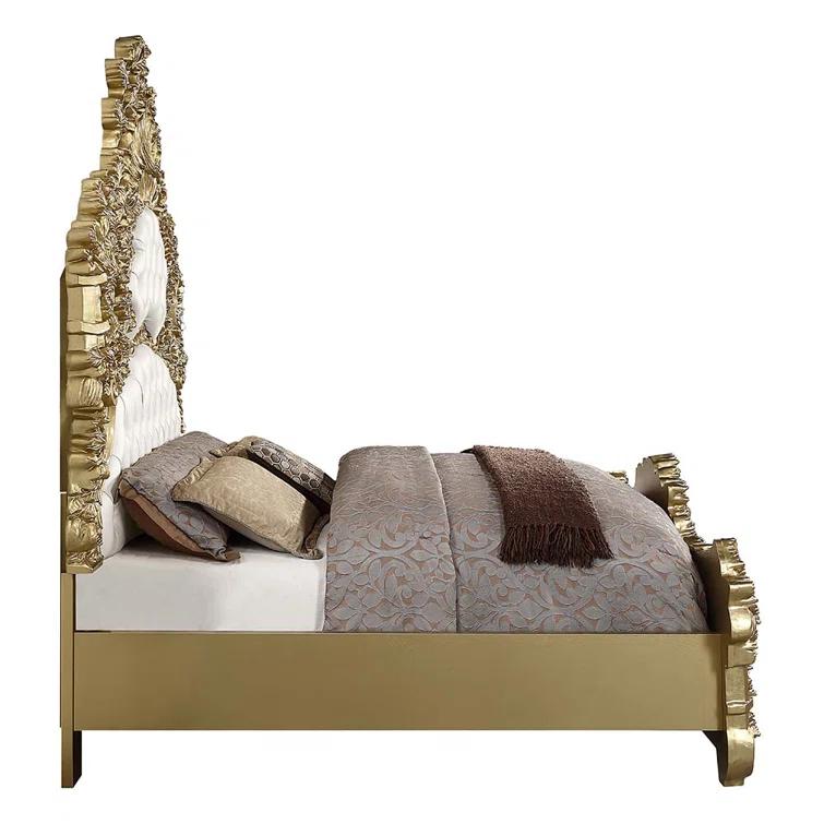 Benjara Rexx King Bed, White Faux Leather Victorian Carved, Classic Gold Wood