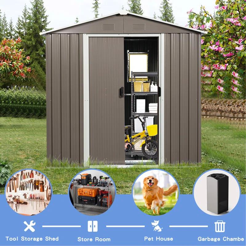 HONGHELEWANG 8Ft X 4Ft Outdoor Metal Storage Shed With Window And Metal Foundation,Gray | Wayfair