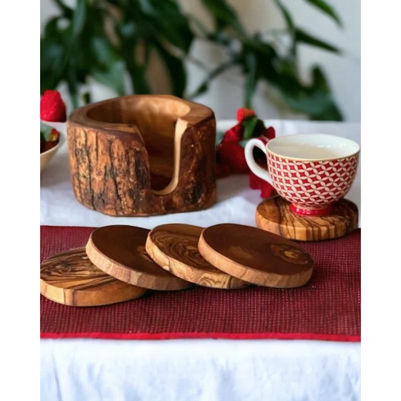 KAMSAH Kitchenware Handcrafted Olive Wood Coaster Set with Holder - Includes 6 Round Coasters and Versatile Holder