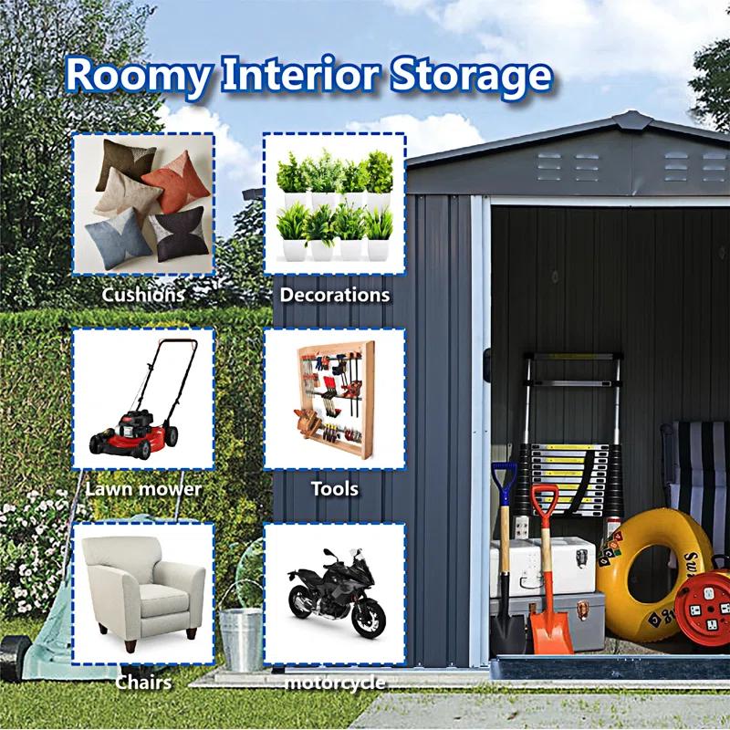 Outdoor Storage Shed 6 FT Large Metal Tool Sheds, Heavy Duty Storage House With Sliding Doors With Air Vent For Backyard Patio Lawn To Store Bikes, Tools, Lawnmowers Dark Grey