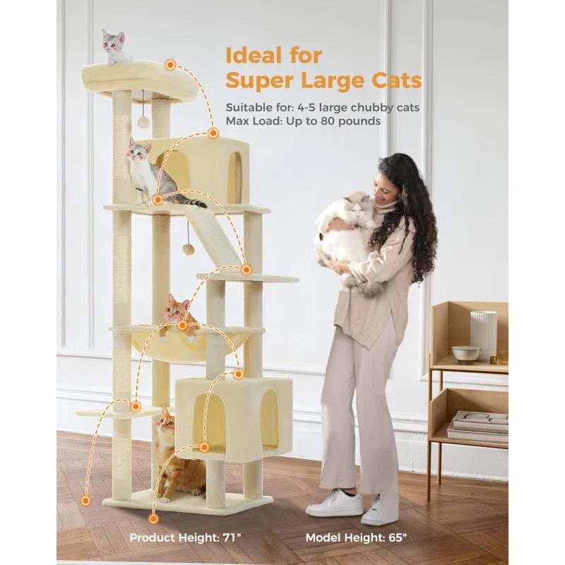 71" Indoor Tall Large Cat Tree Multi-Level Cat House With 2 Big Condo Pad Bed, Cozy Hammock And Scratching Posts