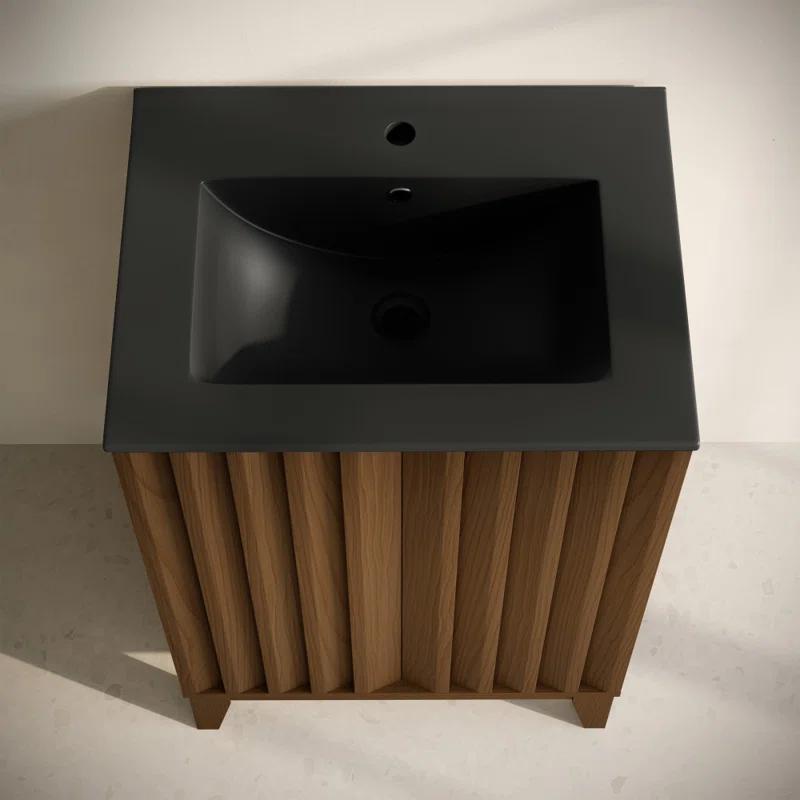 Swiss Madison Troyes 24" Freestanding Bathroom Vanity In Brown Oak With Black Sink Top
