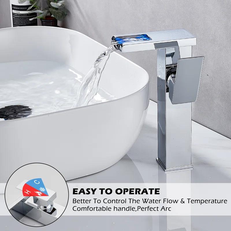 YCCUZA Y217H-C Single Hole Faucet Single-handle LED Bathroom Vessel Sink Faucet with Drain Assembly