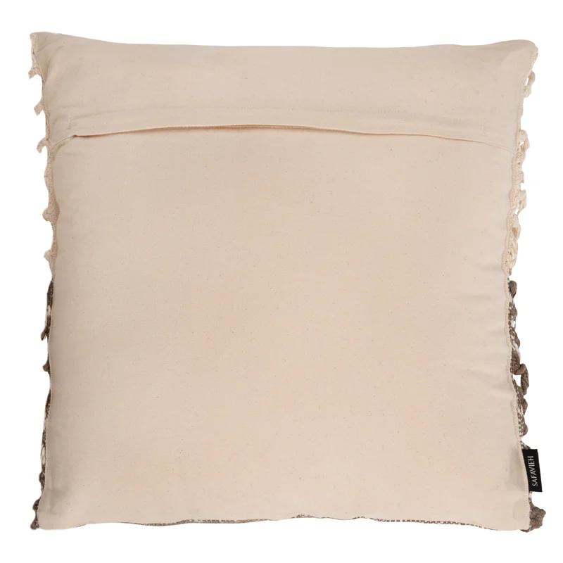 Beige and Grey Cotton Fringed Square Throw Pillow