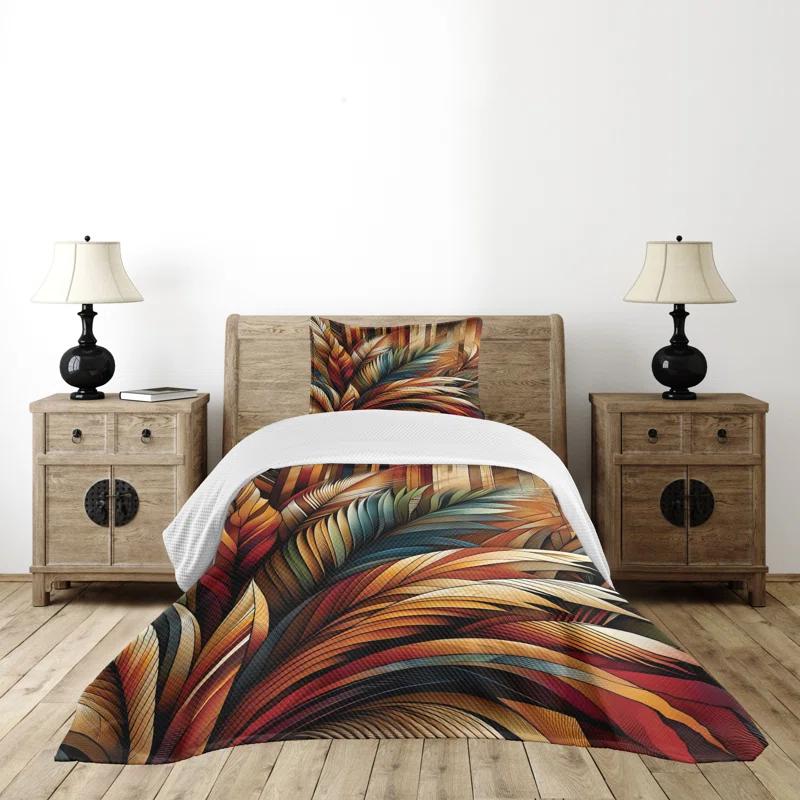 Ambesonne Aesthetic Bedspread Set Boho Rustic Bold Leaves Burnt Orange Teal and Blue