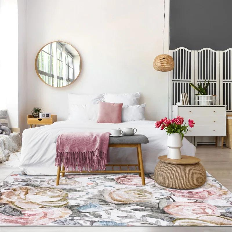 Jasmine Modern Flower Design Machine Washable Area Rug Pink/Yellow/Ivory Multi