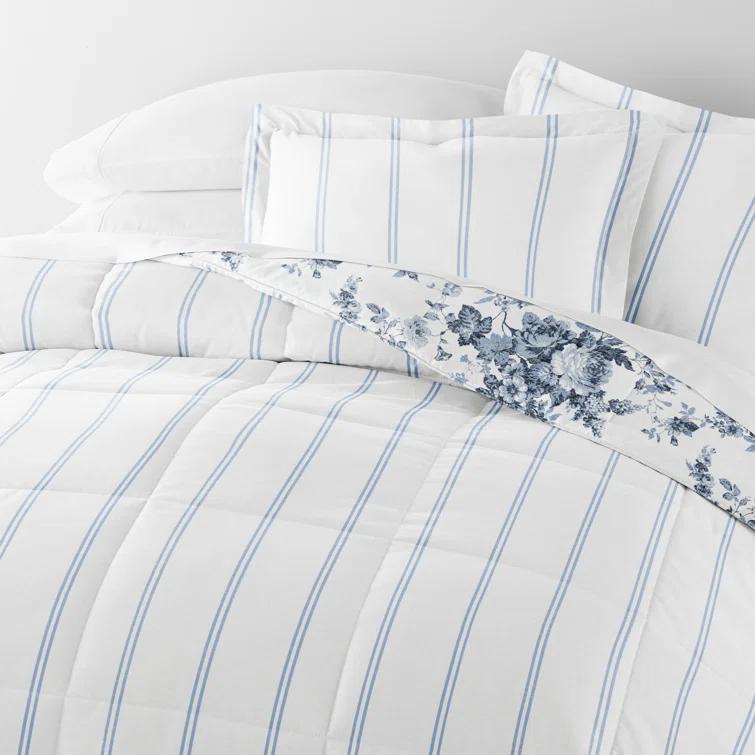 Becky Cameron Stone All Season Down-Alternative Comforter Set in Cabbage Rose Stripe & Reviews | Wayfair