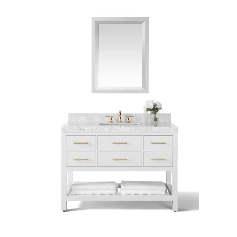 Ancerre Designs Elizabeth 48 in. Bath Vanity Set in White with Italian Carrara White Marble Vanity top and White Undermount Basin with Gold Hardware and 28 in. White Mirror | Perigold