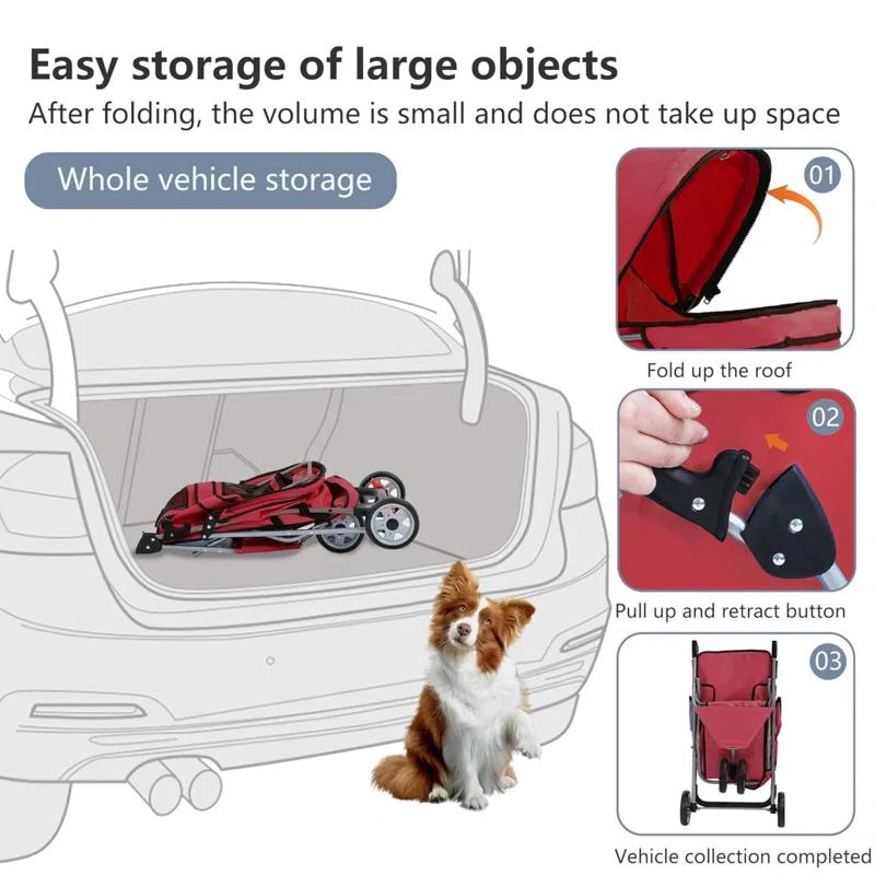 ToccoLeggero Pet Stroller Foldable Dog Stroller 3-Wheel Durable Cat Jogger Stroller For Small And Medium Dogs Cats With Washable Liner Storage Basket Cup Holder