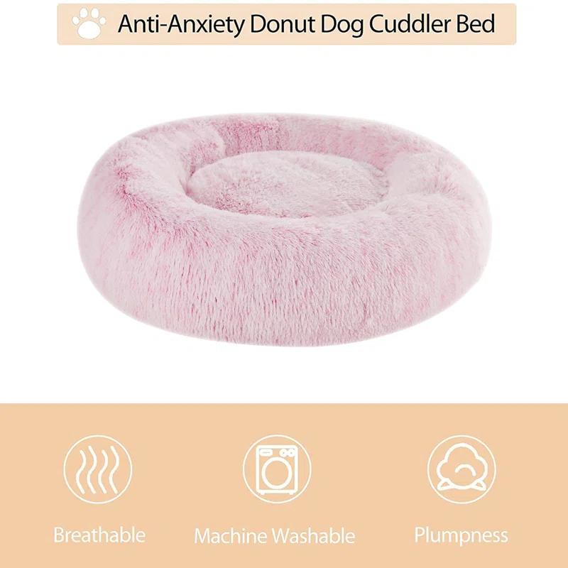 Calming Dog Bed Cat Bed Donut, Faux Fur Pet Bed Self-Warming Donut Cuddler, Comfortable Round Plush Dog Beds (20 X 20 X 8 Inch, Light Pink)