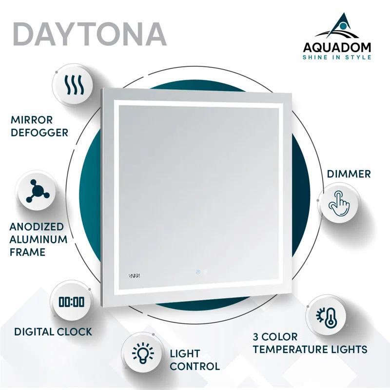 AQUADOM Daytona LED Wall-Mount Mirror for Bathroom with 3 Color Lighting, Touch Control, Dimmer and Defogger, Digital Clock