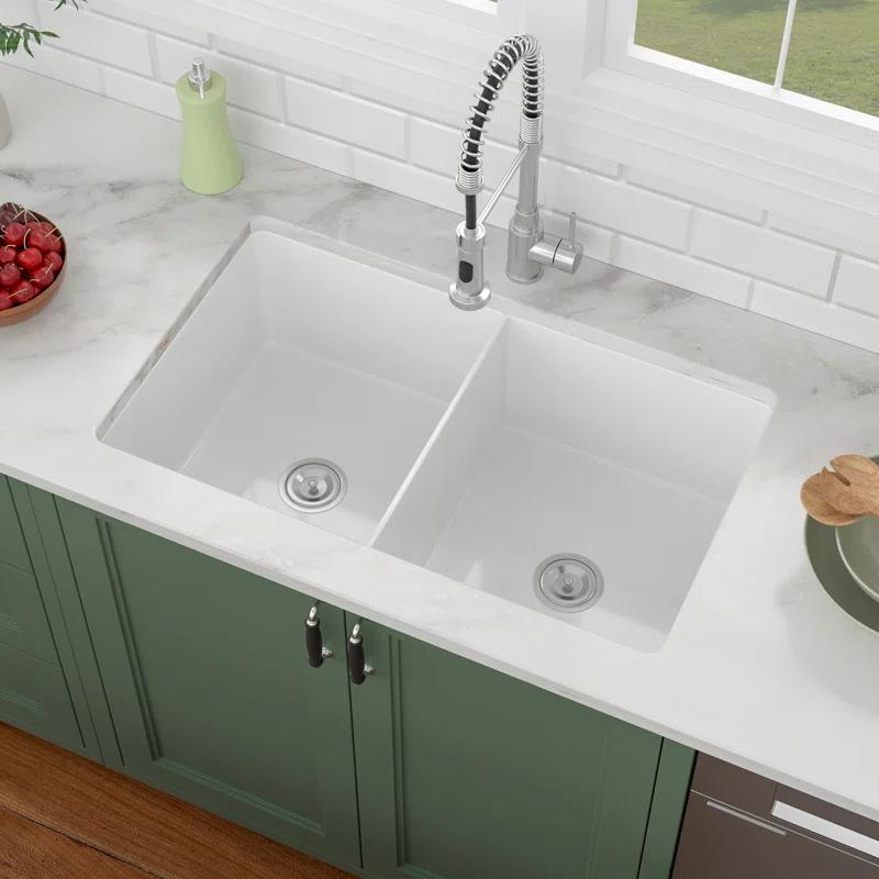 Sarlai 32'' L x 19" W White Ceramic 50/50 Double Basin Drop-In/Undermount Kitchen Sink with Sink Grids S-CSU3219-55