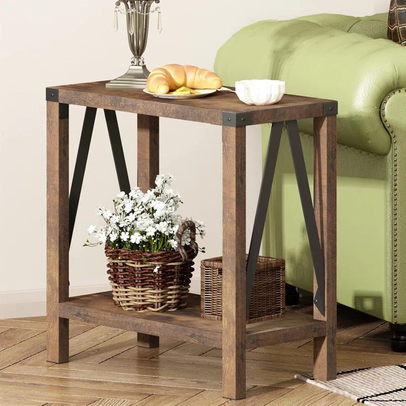 Gracie Oaks Farmhouse End Table For Small Spaces, Narrow Side End Table With Storage Shelf, Rustic A-Design Nightstand Sofa Table For Living Room, Bedroom 2 Pack