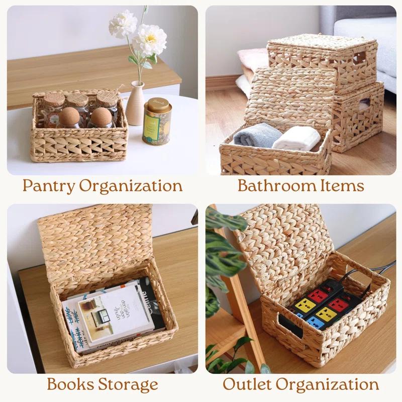 Gracie Oaks Wicker Storage Basket With Lid, Natural Decorative Wicker Basket For Shelf, Woven Baskets With Lids, 14In Lidded Basket, Rattan Storage Basket With Lid, Rattan Box Set Of 3 For Organizing
