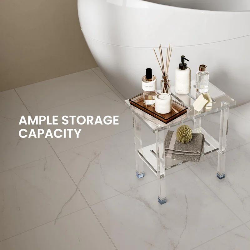 Ivy Bronx Acrylic Shower Bench For Inside Shower, Heavy Duty (Hold Up To 300Lbs) Bathroom Shower Stool With Storage Shelf, Clear
