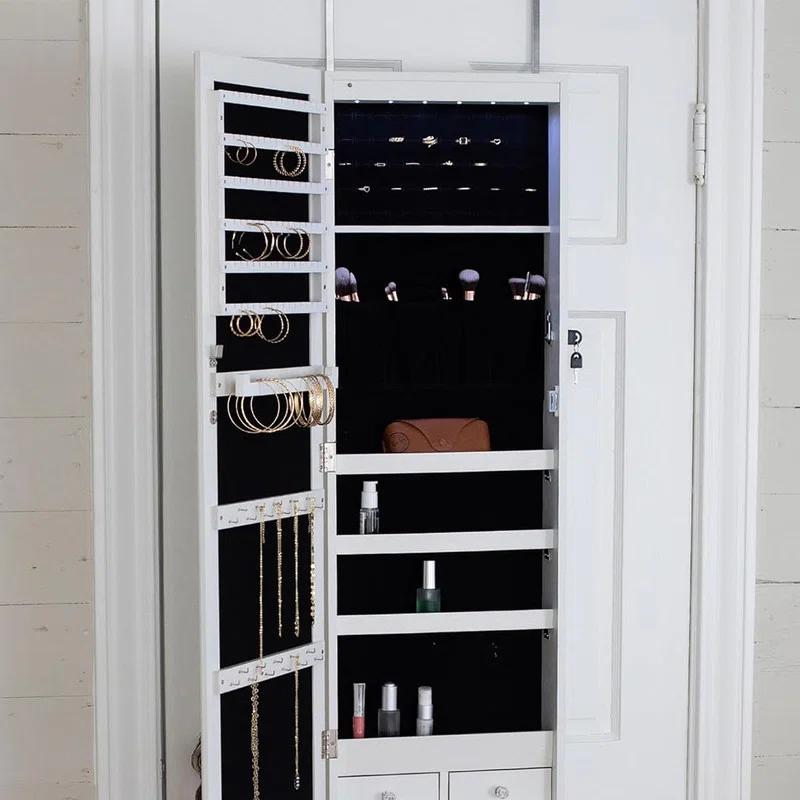 NIERBO Rustic Rectangular Wall-Mounted Jewelry Armoire With Built-In Lighted Mirror - Ultimate Jewelry Organizer For Women's Face Makeup - Perfect For Anniversary Gifts