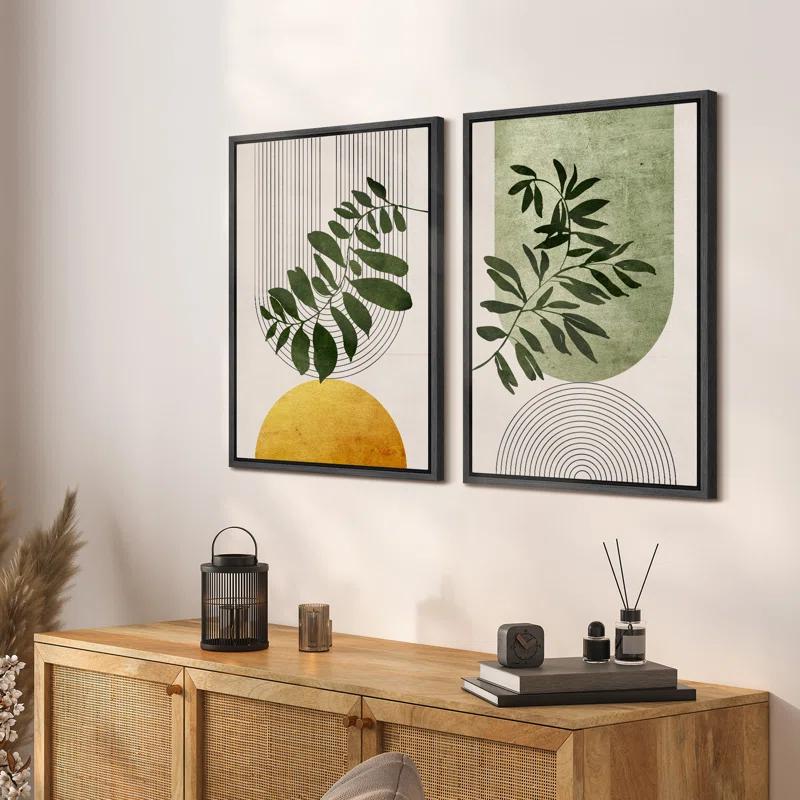 IDEA4WALL Mid Century Modern Boho Green Yellow Bright Plant Art Framed Canvas 2 Pieces Print  Wall Art Set