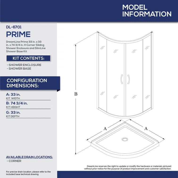 DreamLine Prime 33" W x 33" D x 74.75" H Semi-Frameless Sliding Shower Enclosure with Base Included DL-6701-09CL