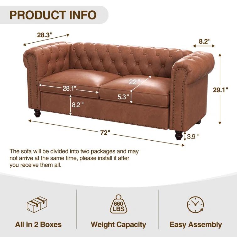 Alcott Hill® 72 Inch Couch Chesterfield Leather Sofa With Wooden Legs