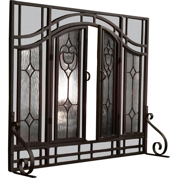 Plow & Hearth Two-Door Fireplace Screen with Tempered Glass Floral Panels